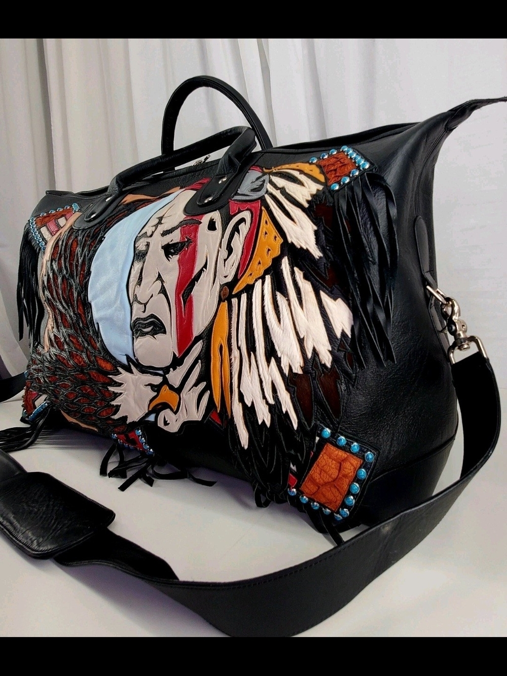 IRA Hoss Couture Retired Black Genuine Leather Duffle Bag W/Indian Head & Eagle